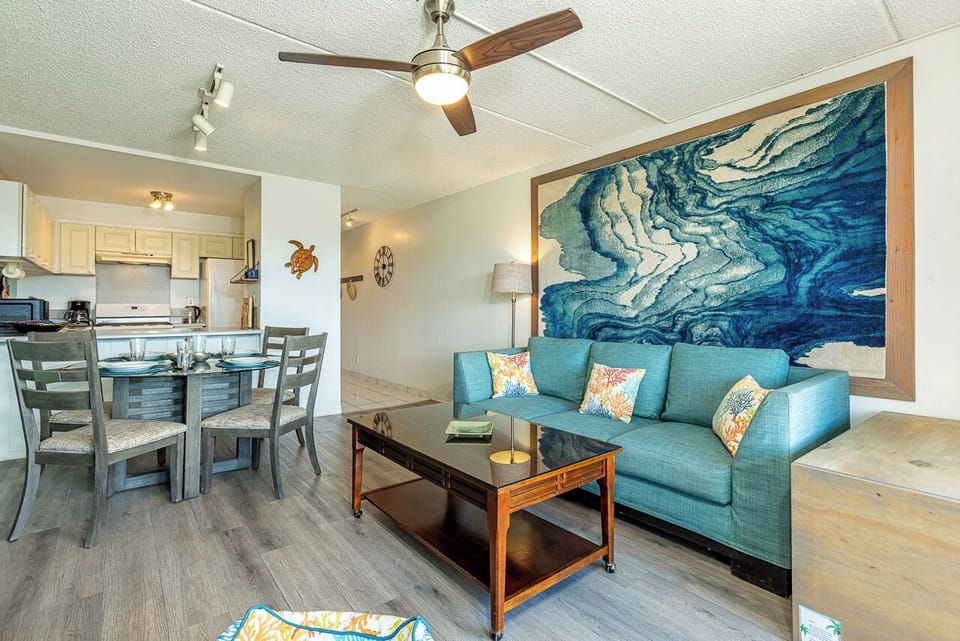 Island-style living with a sofa sleeper for friends or family