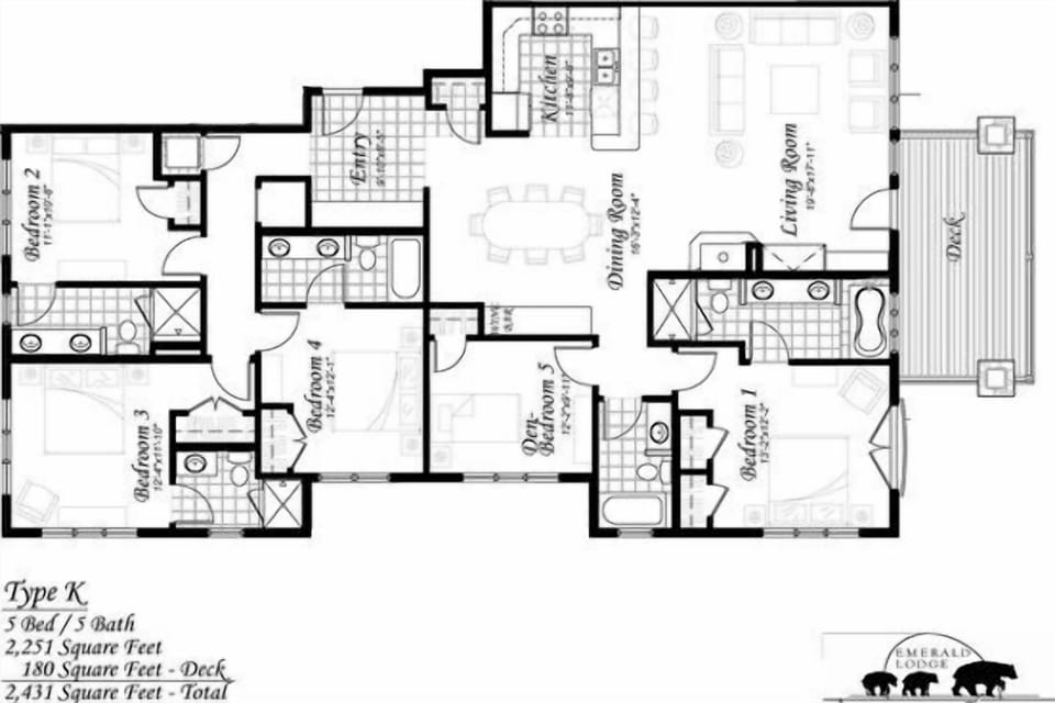 Spacious 5-bedroom floor plan with dedicated areas for dining, living, and multiple bathrooms to accommodate your group comfortably.
