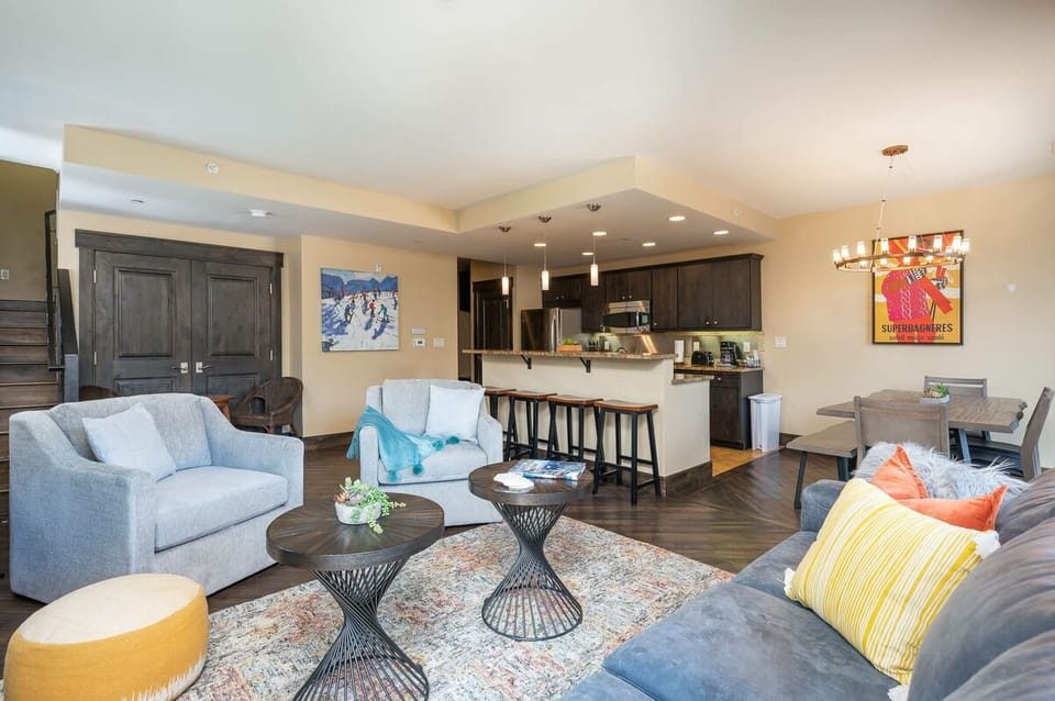 The living room flows perfectly into the open kitchen & dining area