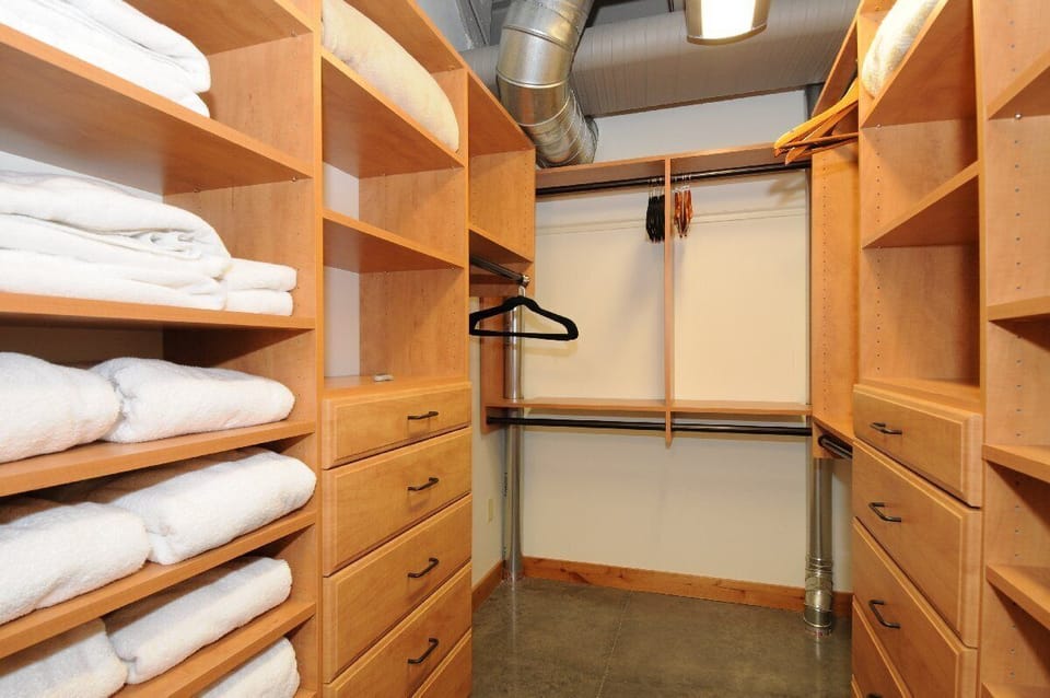 A walk-in closet in the master.