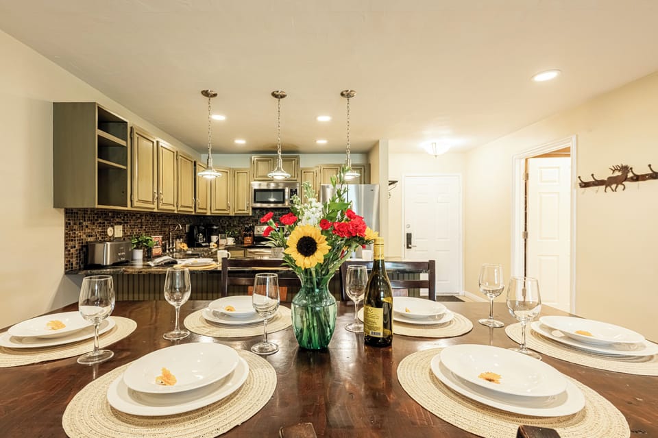 Wooden dining area with seating for up to 7