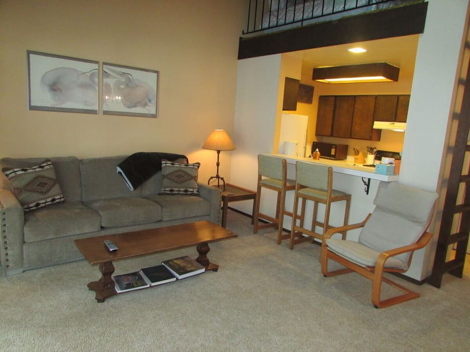 open plan living room with high ceiling - breakfast bar seats two