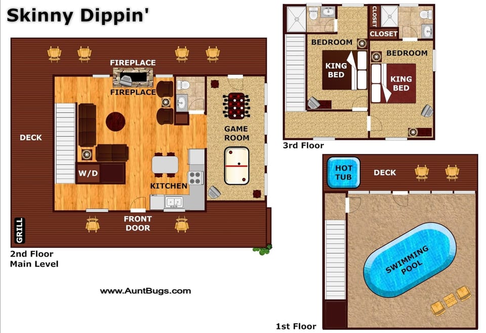 Skinny Dippin - Floor Plan - On the eastside of the main level, you enter the sunroom which features a TV, foosball table, & NEW air hockey for your entertainment. Upstairs you will find two king bedroom suites with their own bathroom & television.