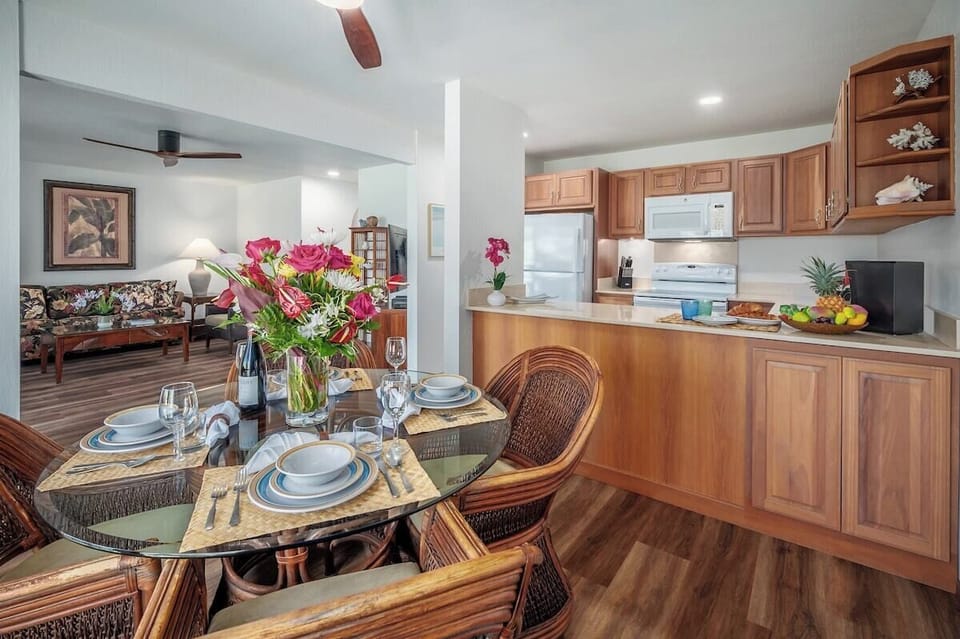 Open kitchen, dining, and living design