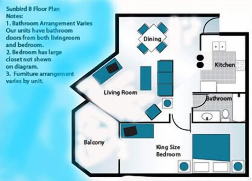Example Floorplan.  Please see our photos and descriptions for actual furniture placement.