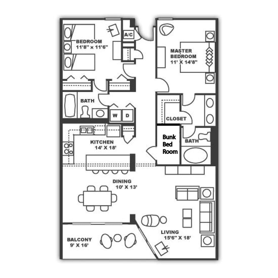 Example Floor Plan.  Please see our photos and descriptions for actual furnishings and placement