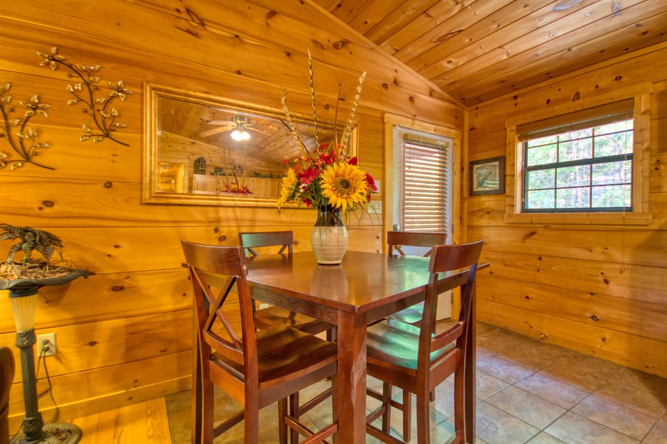 Cozy dining and warm decor.