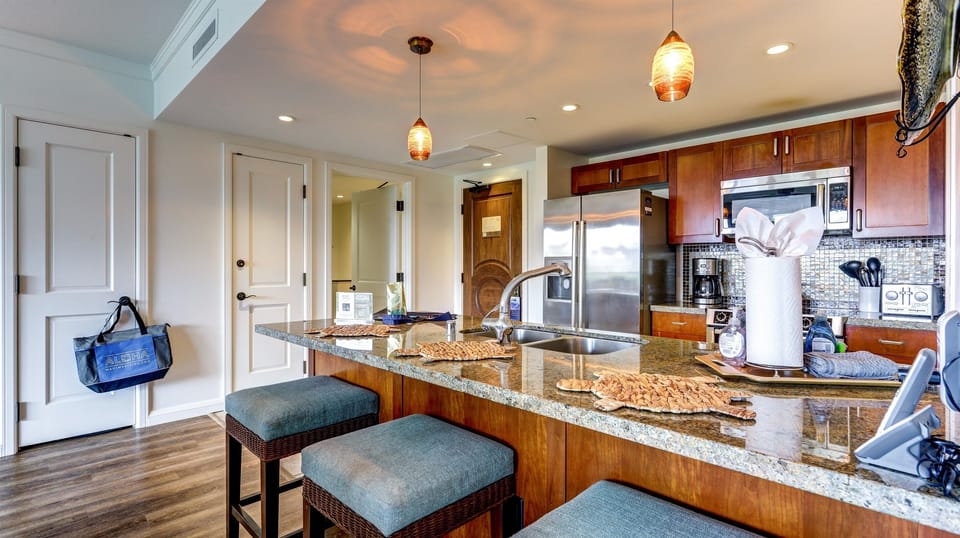 Featuring a full kitchen stocked with the essential items