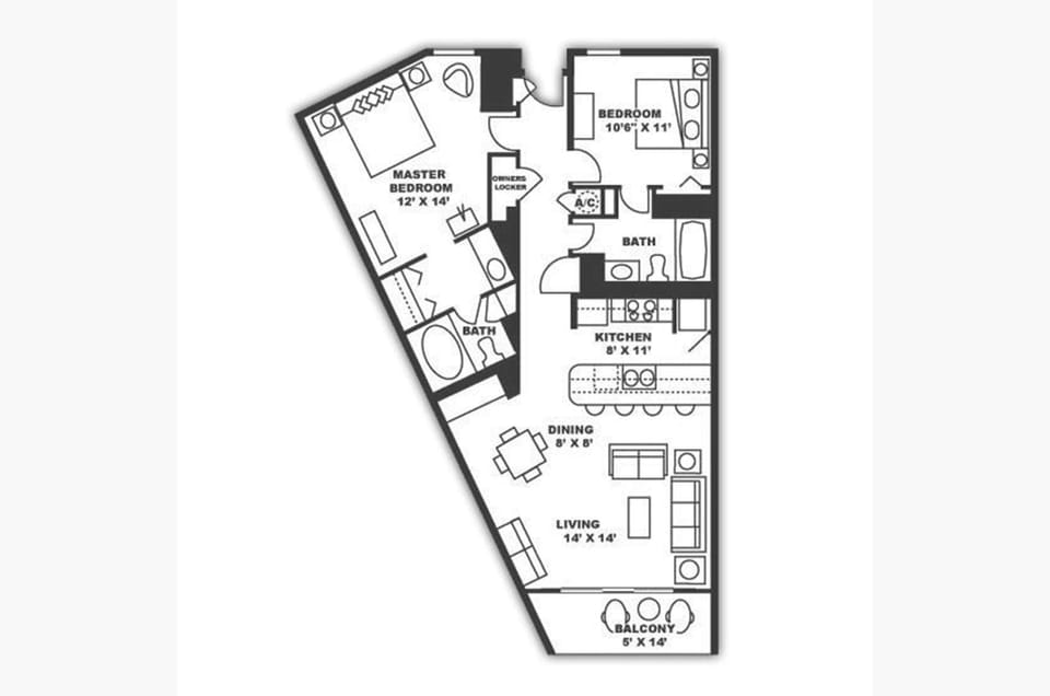 Example Floor Plan. Check our photos and descriptions for actual furniture placement and equipment.