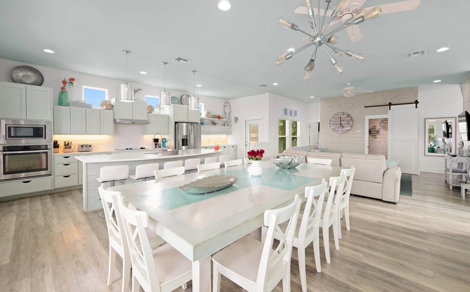 Dining & Kitchen — Turquoise Farmhouse Table, White X-Back Chairs & Sputnik Chandelier