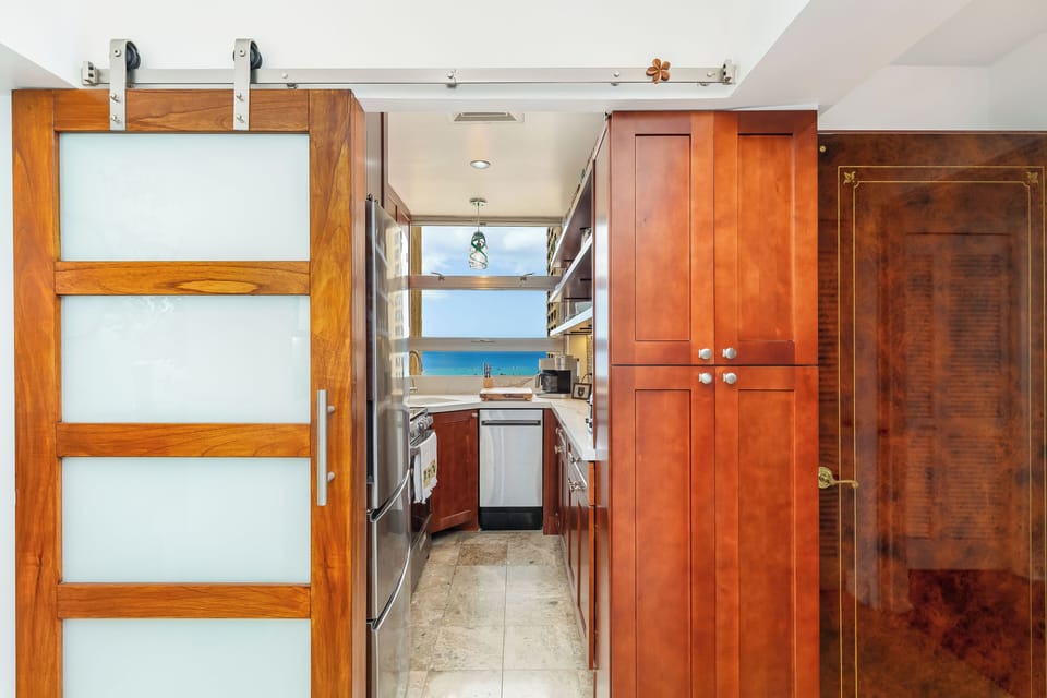 A welcoming kitchen entrance with stunning ocean views