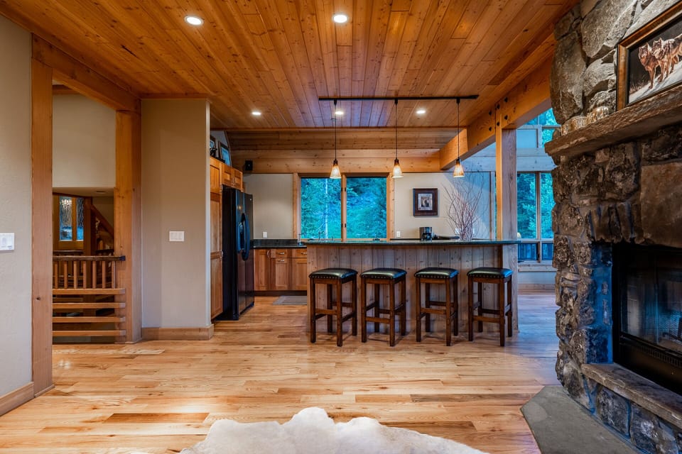 View of the kitchen from the opposite side of the fire place.