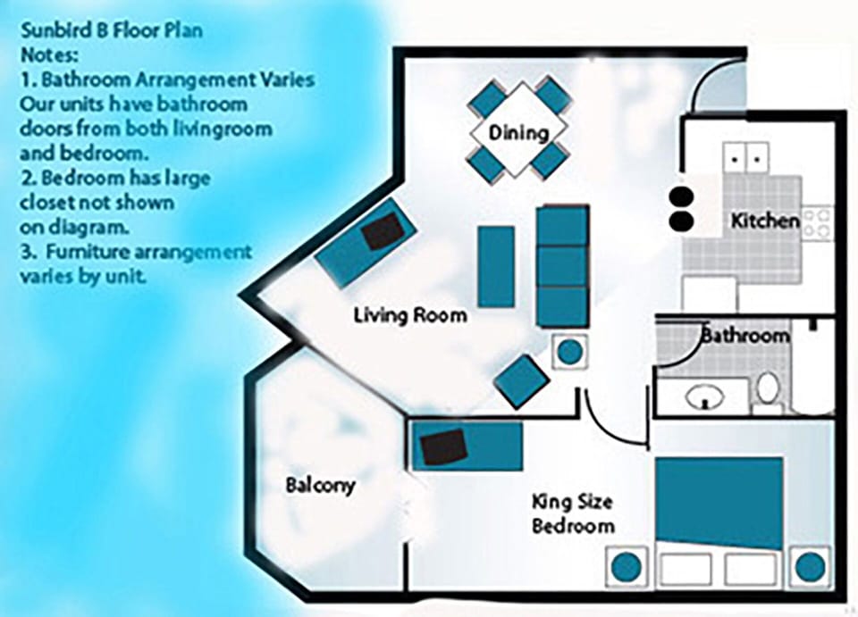 Example floor plan.  Please see our descriptions and photos for actual furnishings and placement.