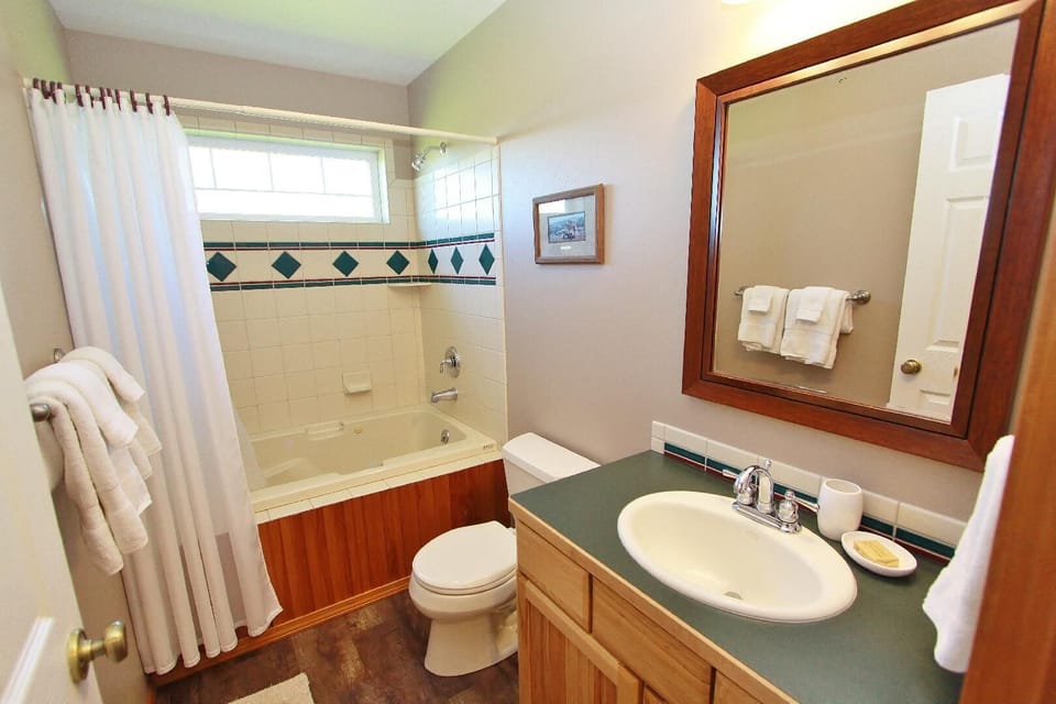 Full bathroom with shower/tub combo located in the hallway on the main level