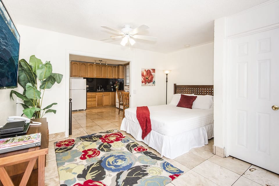 Queen Bedroom with Large Flat Screen TV and Ceiling Fan