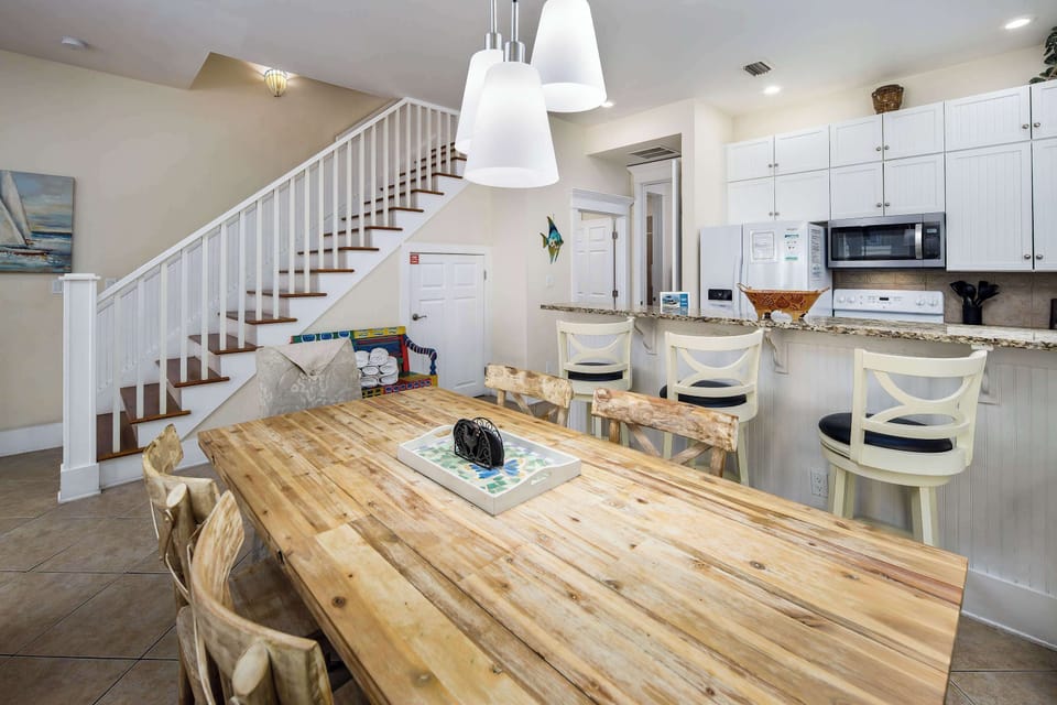 Large dining table with seating for six