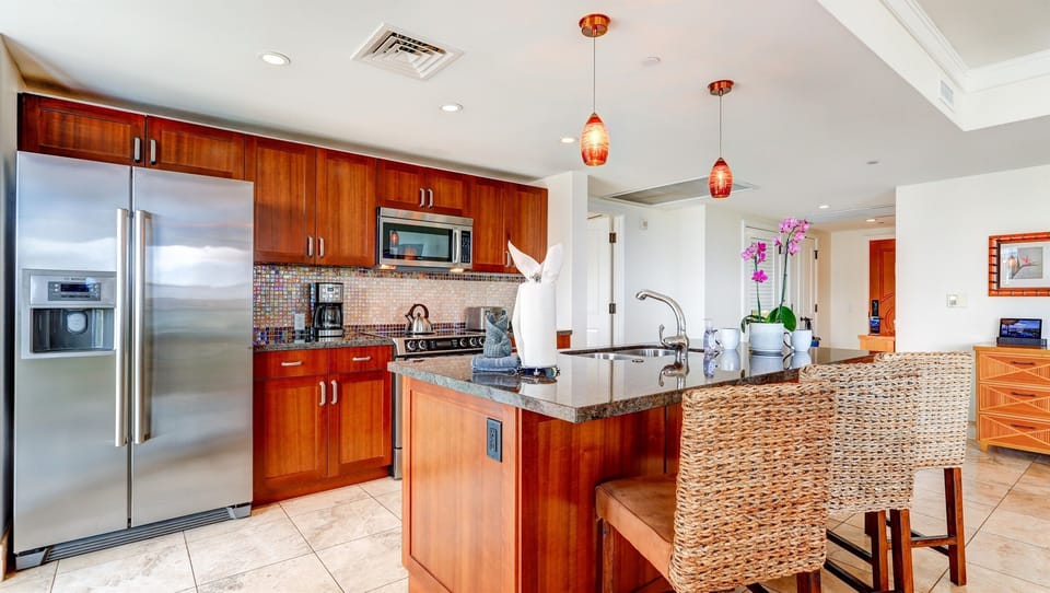 Stainless steel appliances with the fridge featuring a water filter & ice maker