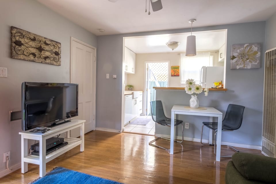 Quaint living space with large TV, fold out sofa and open kitche - Quaint living space with large TV, fold out sofa and open kitchen.