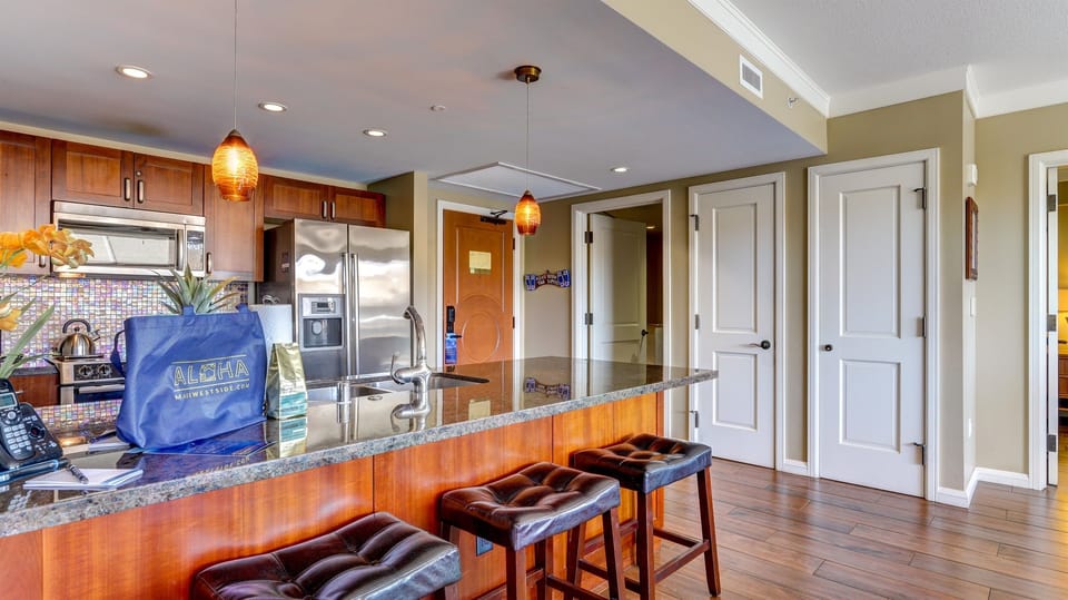 Featuring a full kitchen stocked with the essential items