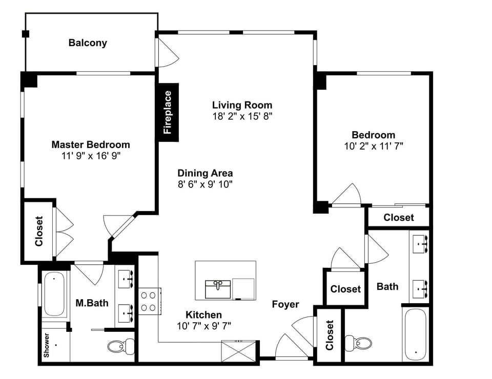 This spacious floor plan shows your two-bedroom apartment layout with open living areas, modern kitchen, and private balcony access.