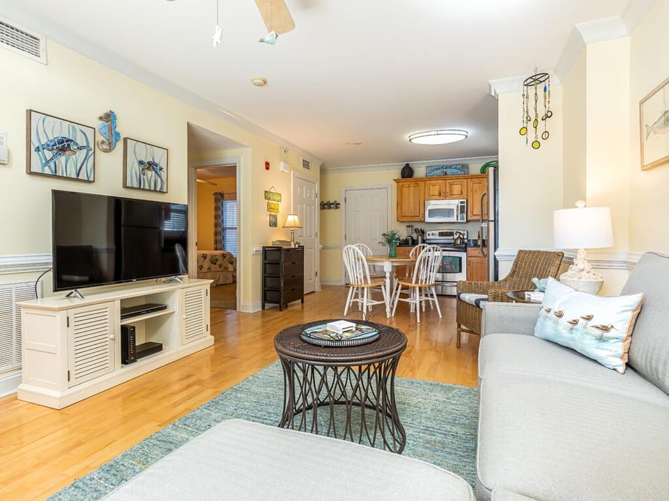 Open plan and Living area with sleeper sofa and flat-screen TV