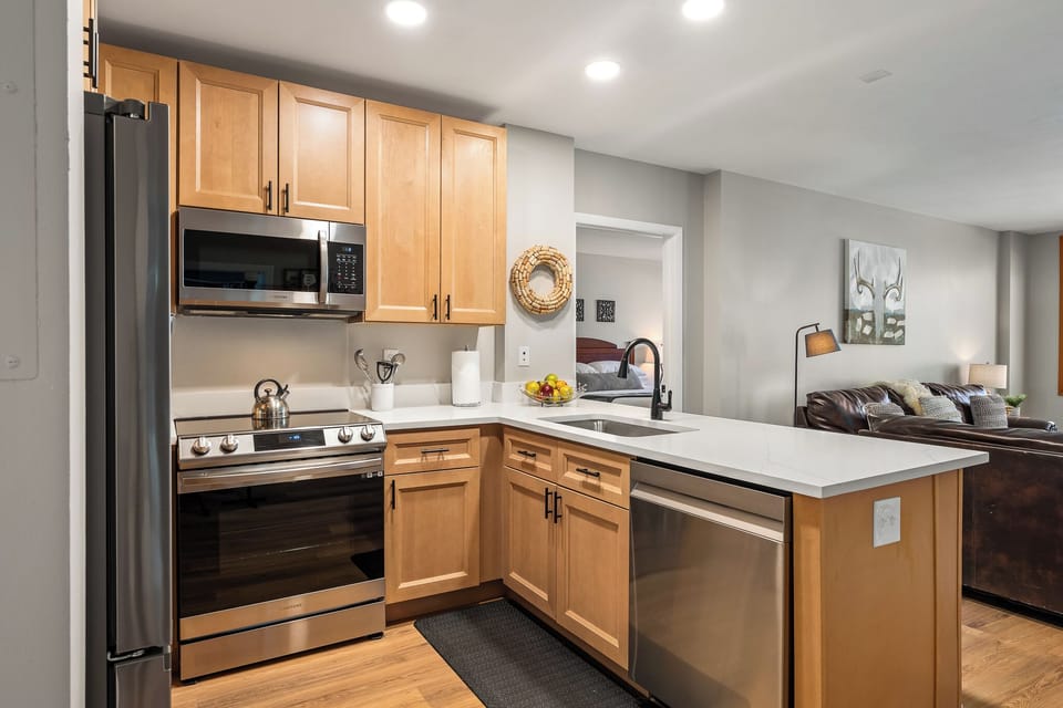 Open concept from kitchen area into the living area