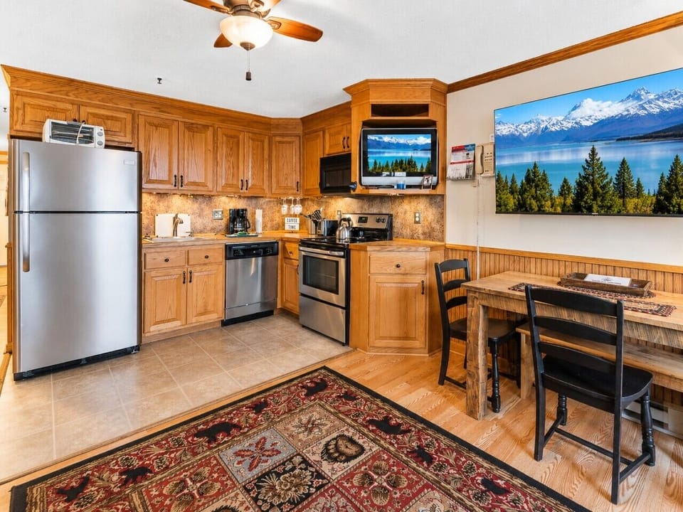 Remodeled kitchen is fully-equipped with pots, pans & utensils