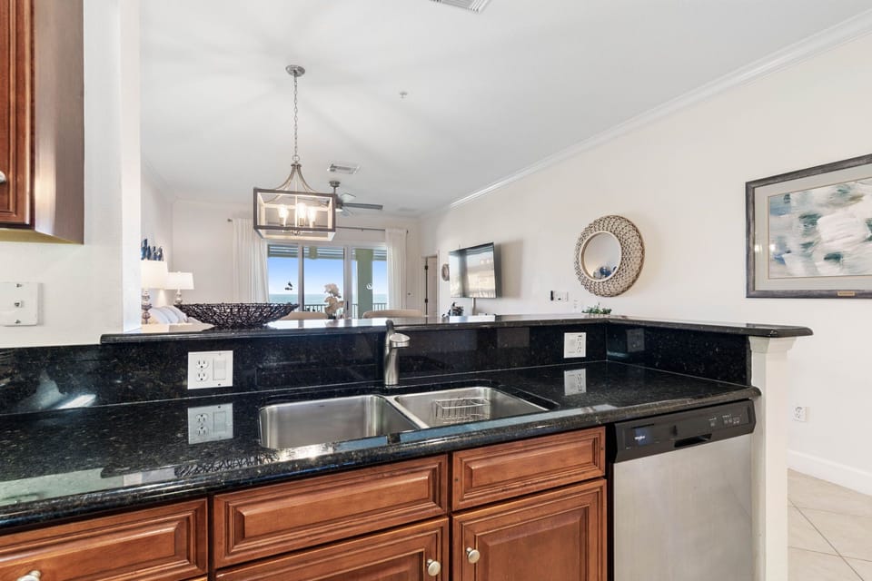 Look out at the waves from the kitchen.