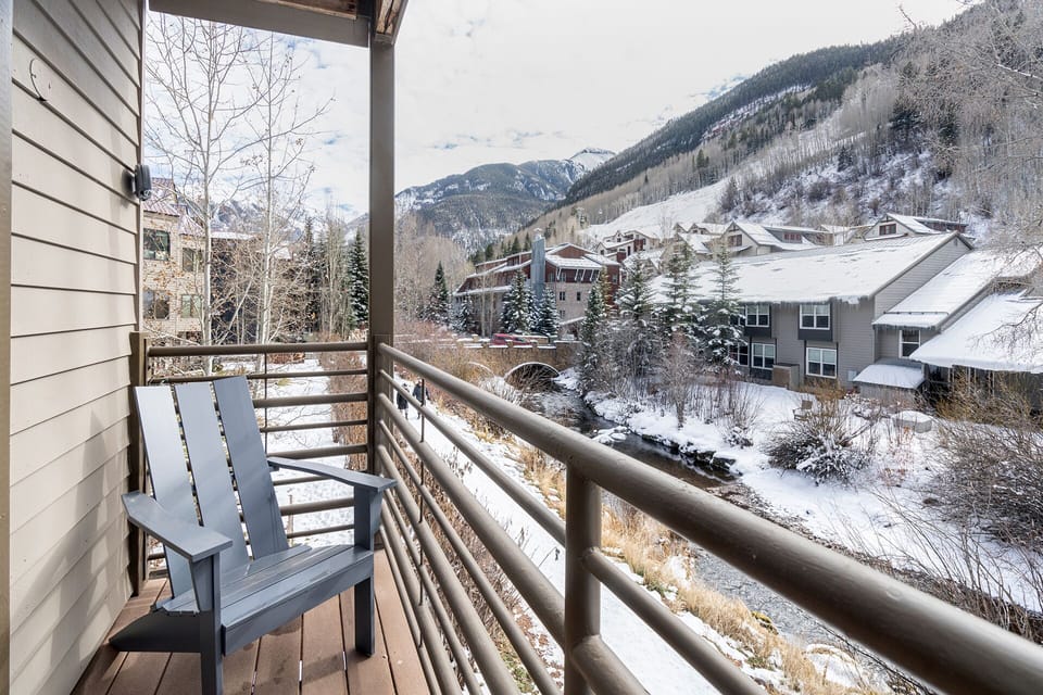Soak up the stunning alpine views! The private balcony overlooks the river trail and the San Miguel River. You can also see the bottom of the ski hill!