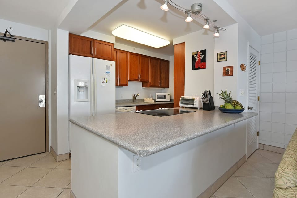 Corrian counters in the open fully equipped kitchen