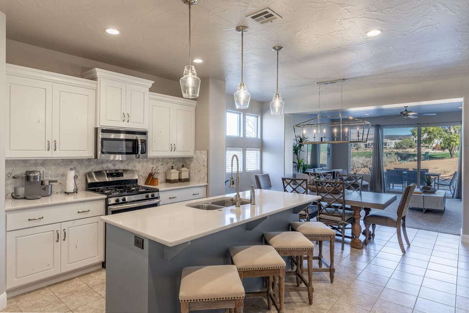 Kitchen Island View - The Kitchen Island comfortably seats 4 adults and creates a great space for serving and preparing meals.