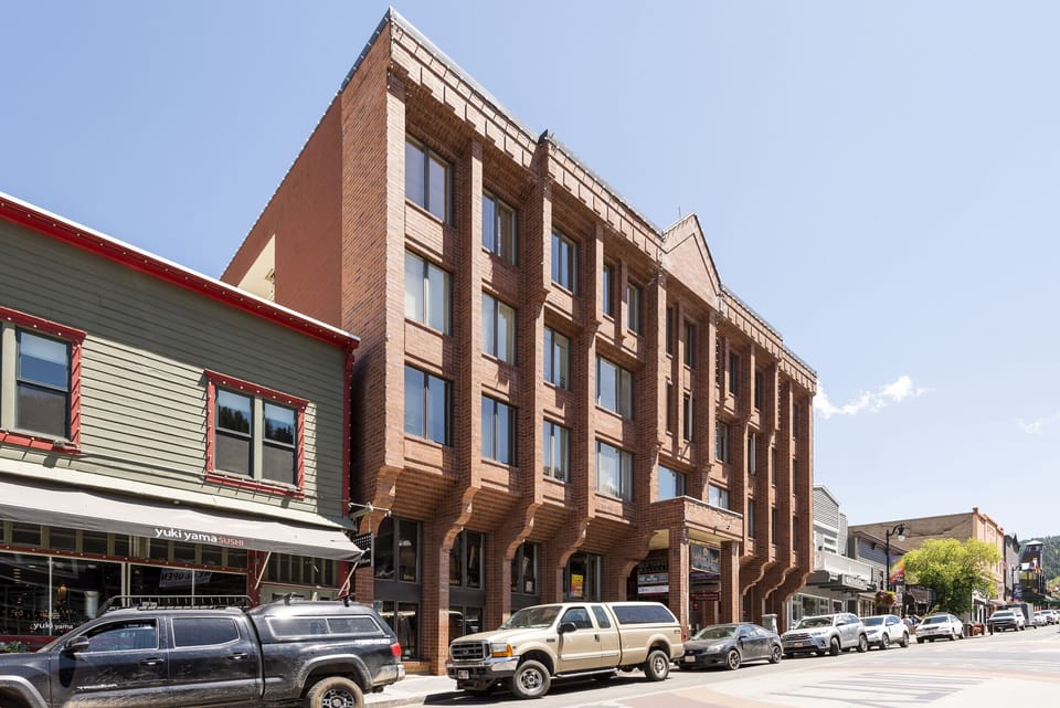 Striking brick building, Galleria, 580 Main Street on a sunny summer day