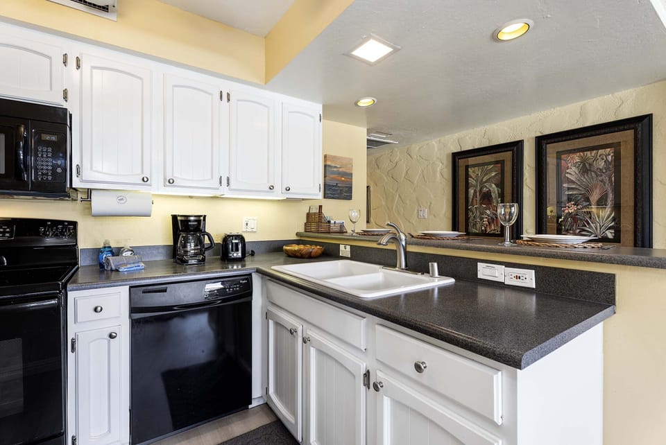 Fully equipped kitchen with dishwasher and sink.