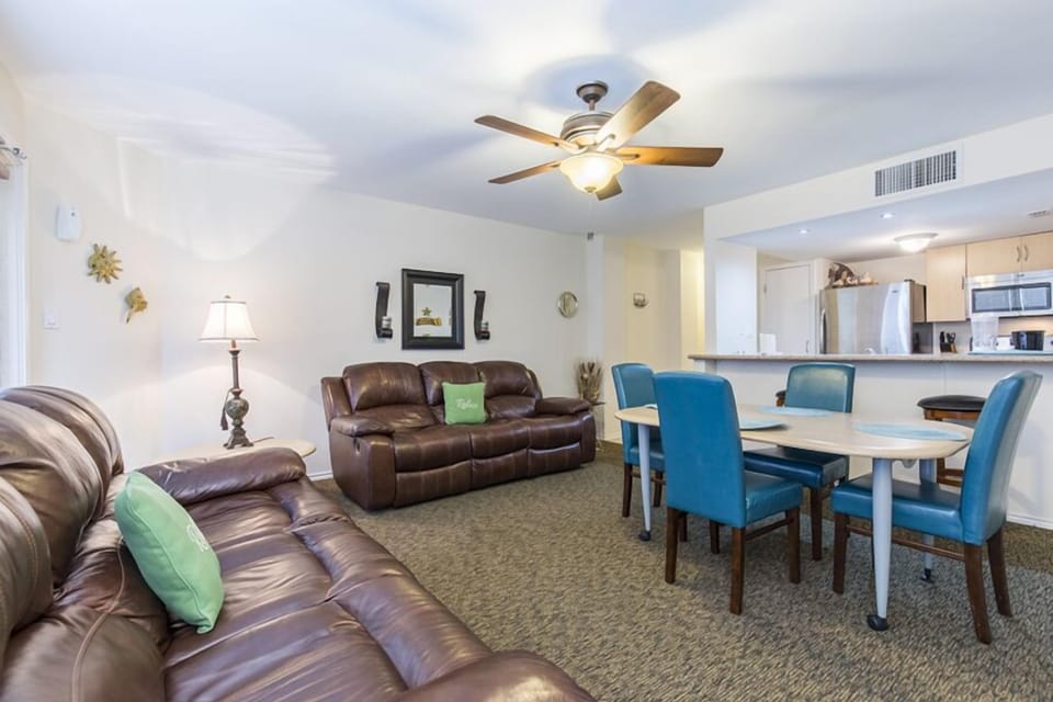 Our dining area is nestled in the living space to make the most of the compact footprint.