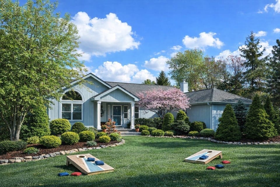 Sunny day at home with corn hole
