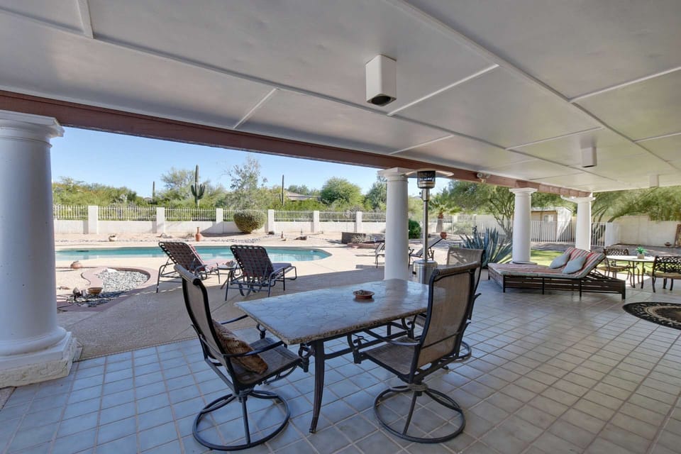 Large backyard, heated pool, covered patio & outdoor dining, plenty of seating!