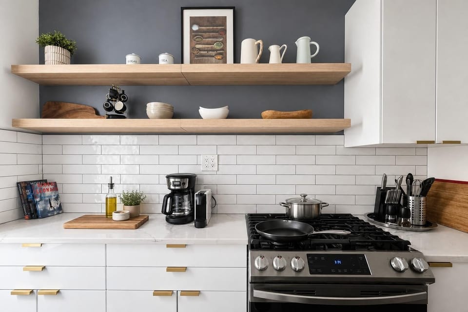 White subway tile backsplash contrasts with matte gray wall behind floating wood shelves in the kitchen.