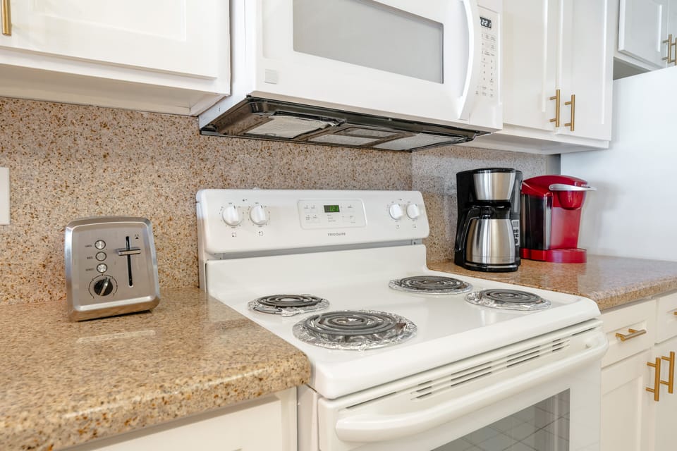 Your Kitchen is equipped with cooking ware, toaster, coffee maker, and more. 
