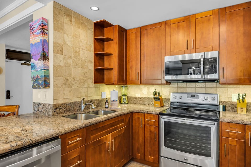 Shiny appliances and generous prep space make vacation cooking simple and social