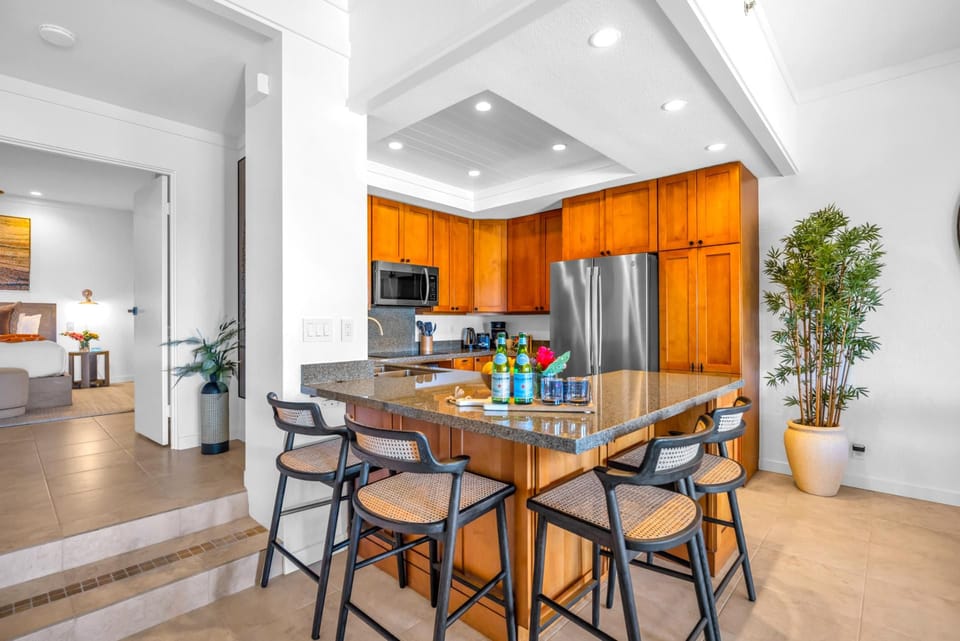 The kitchen island offers seating for easy breakfasts or snacks after the beach.