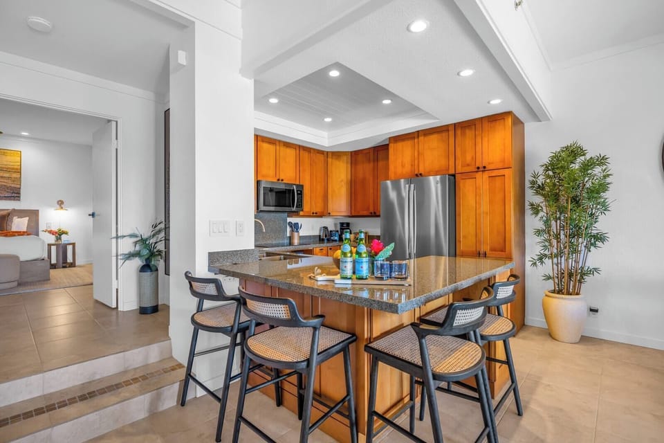 The kitchen island offers seating for easy breakfasts or snacks after the beach.