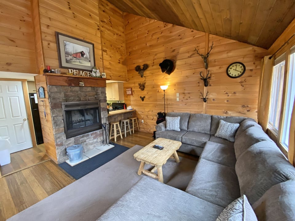 Living area with fireplace, kitchen beyond