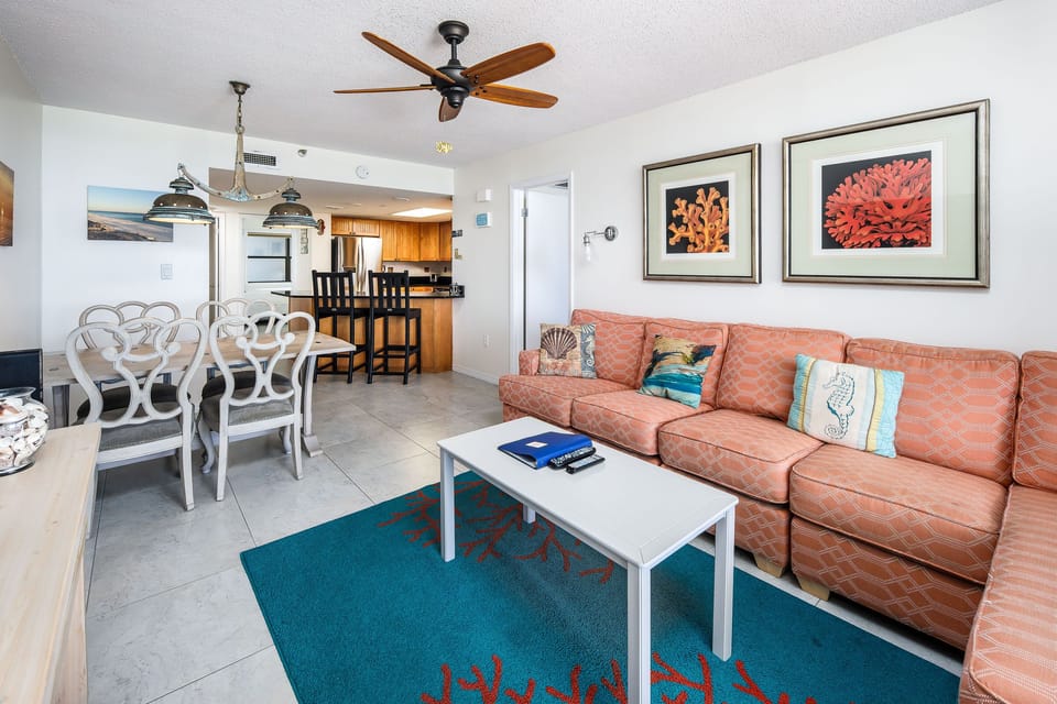 Open living room/dining area and bar stools