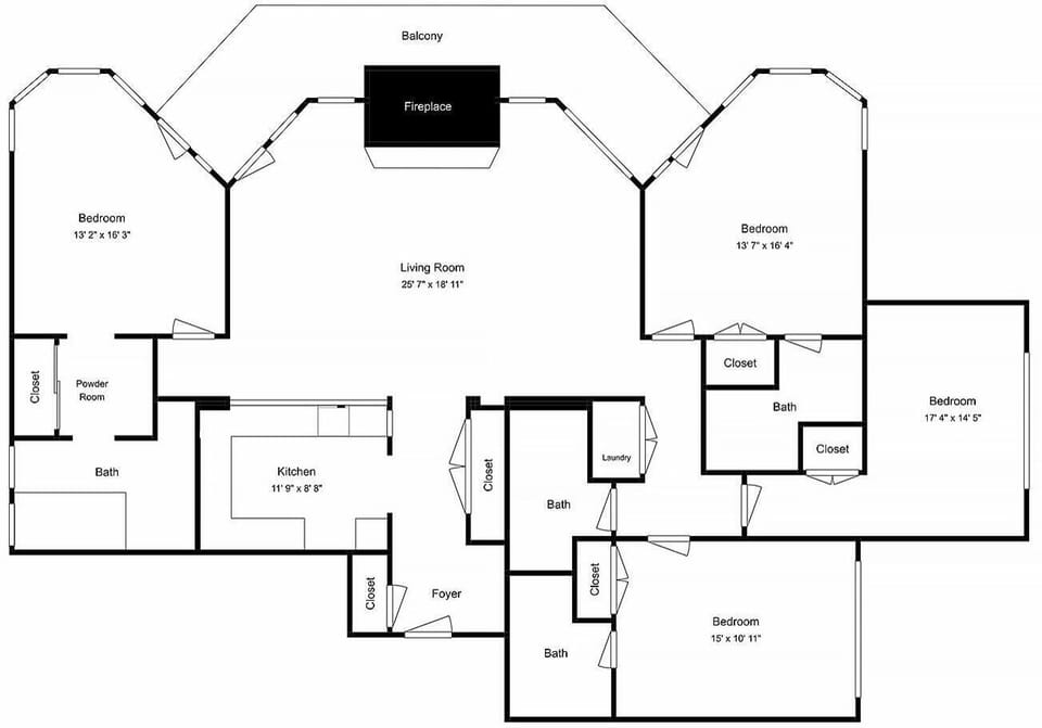 This detailed floor plan shows your spacious vacation rental layout with three bedrooms, multiple bathrooms, full kitchen, and cozy living areas.