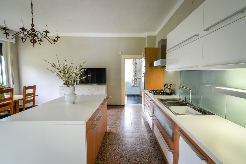 Modern kitchen, including dish washer, large American style fridge, smart TV.