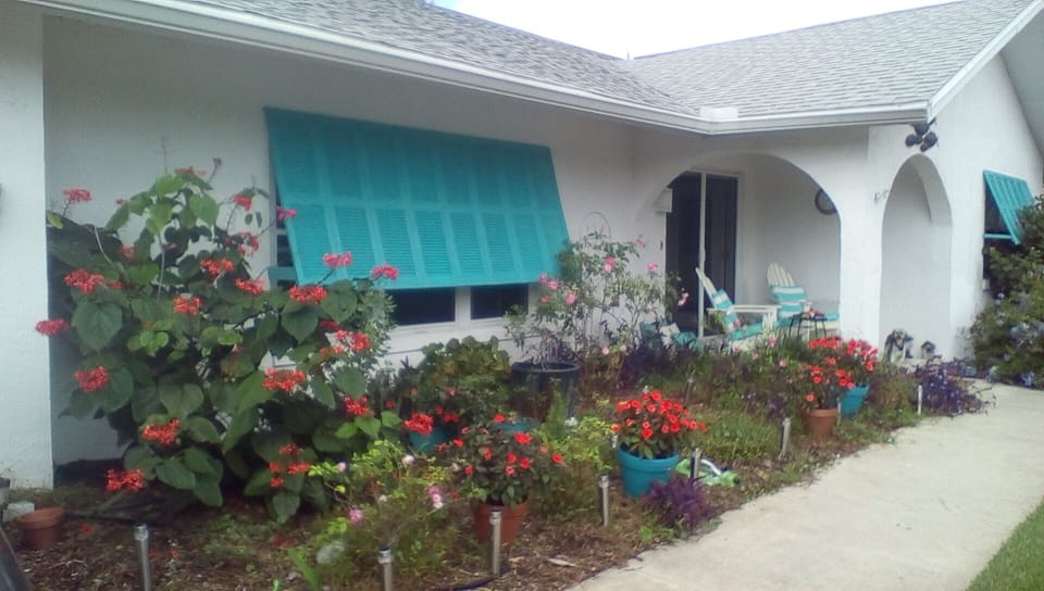 Front garden and porch. Double front doors with retractable screens.