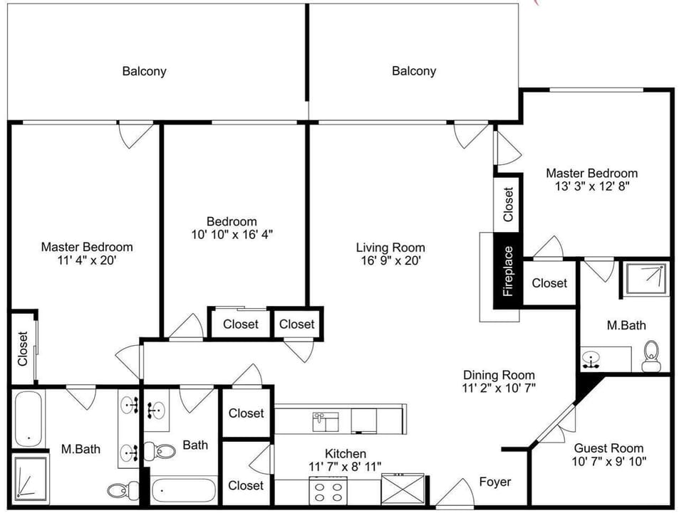A spacious floor plan showing your vacation rental's thoughtful layout with multiple bedrooms, bathrooms, and open living spaces.