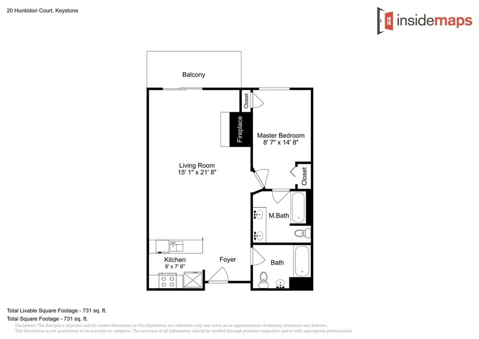 This detailed floor plan shows your spacious one-bedroom layout with open living areas, modern kitchen, and private balcony access.