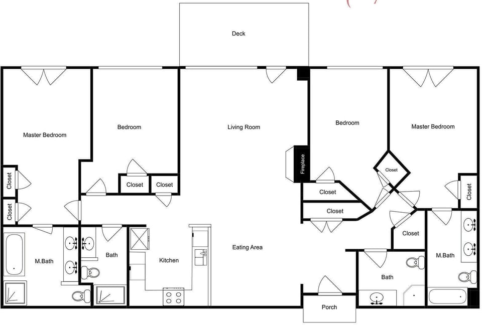Review the spacious layout featuring three bedrooms, central living area, and multiple bathrooms for your perfect getaway.