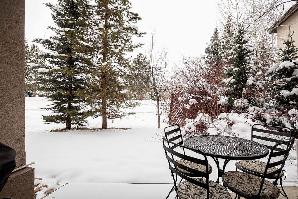 Snow-covered patio with outdoor dining area surrounded by evergreen trees and winter landscaping.